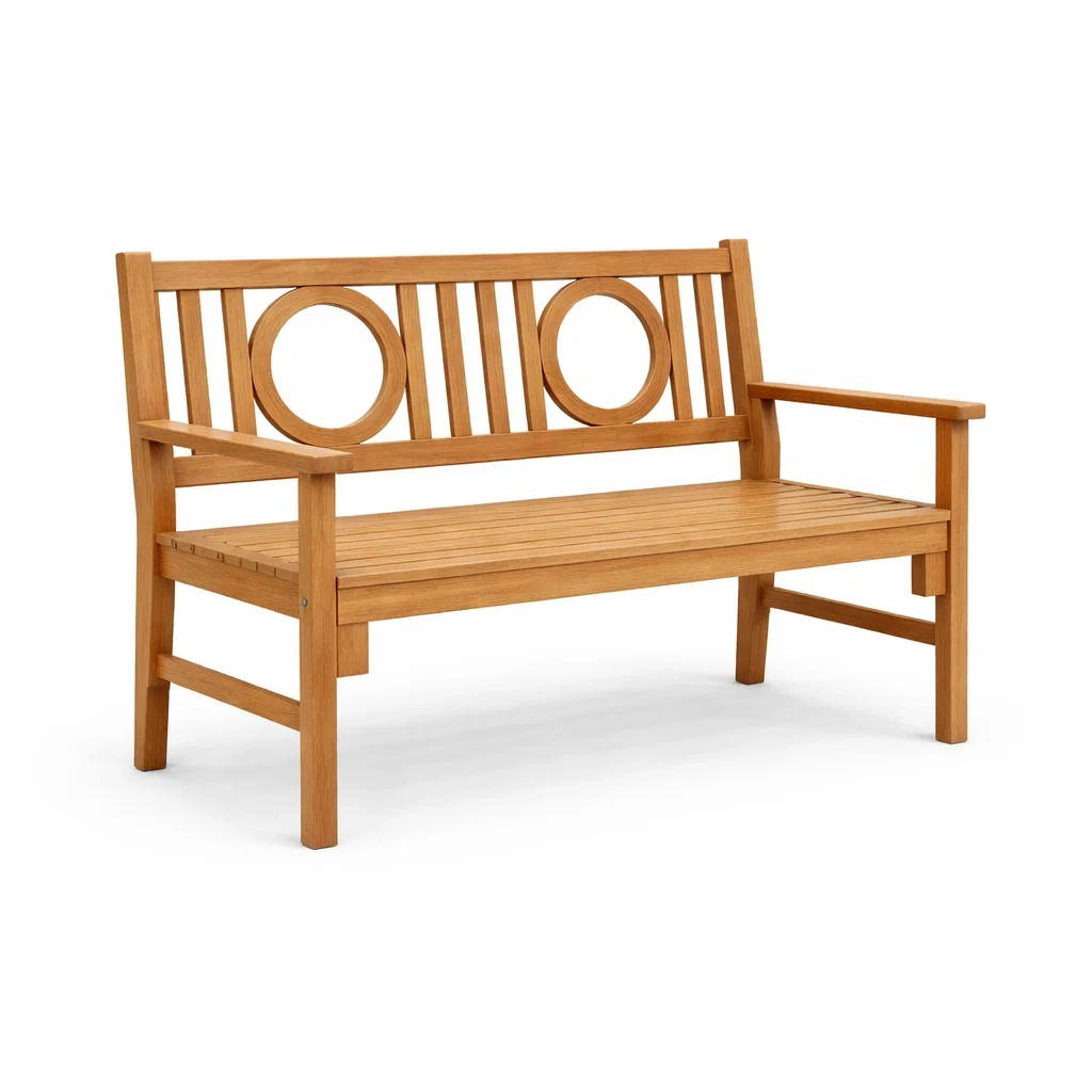 Panchina da giardino in legno di teak con schienale decorativo-LUXEOASISVIBES