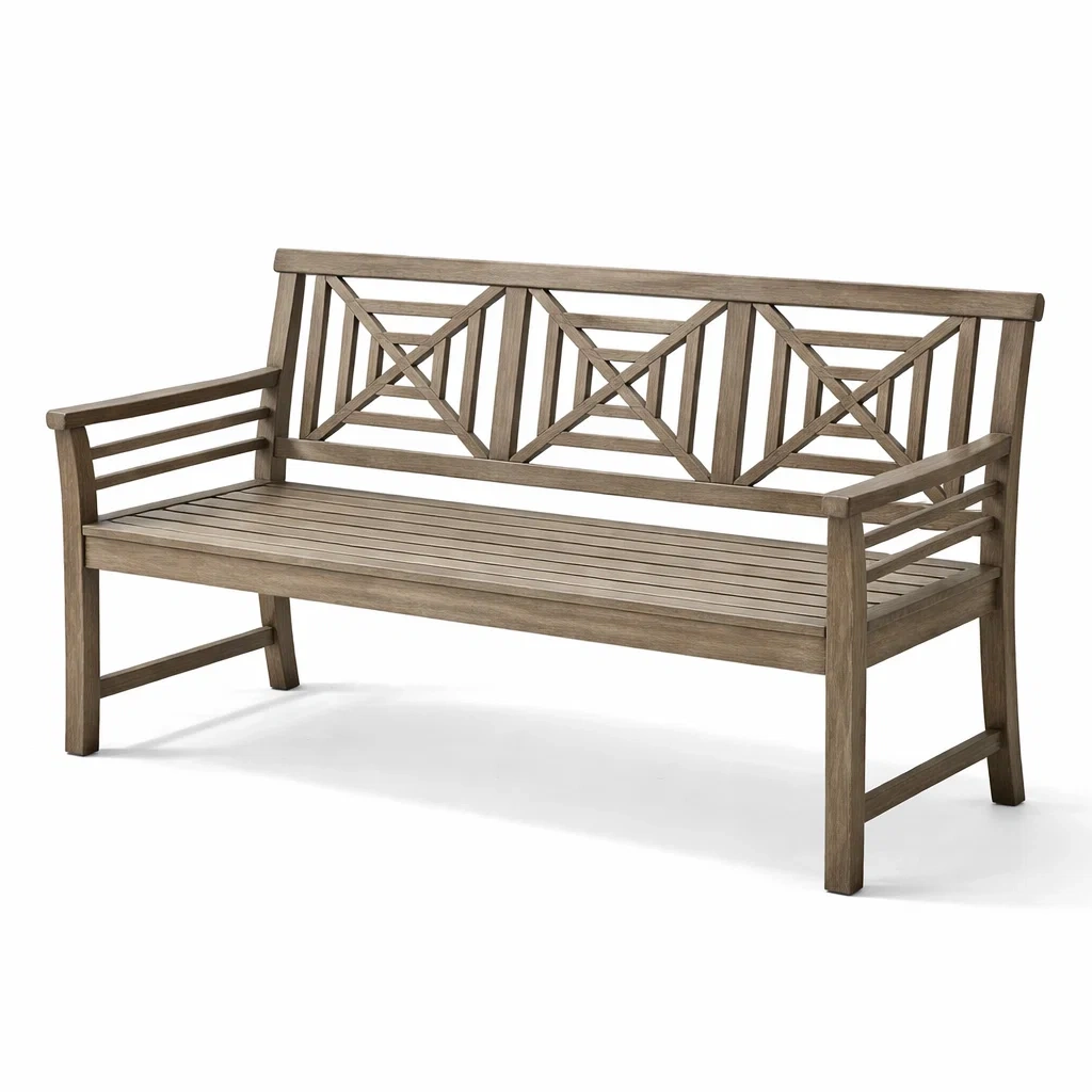 Panchina da giardino in legno di teak con schienale intagliato-LUXEOASISVIBES