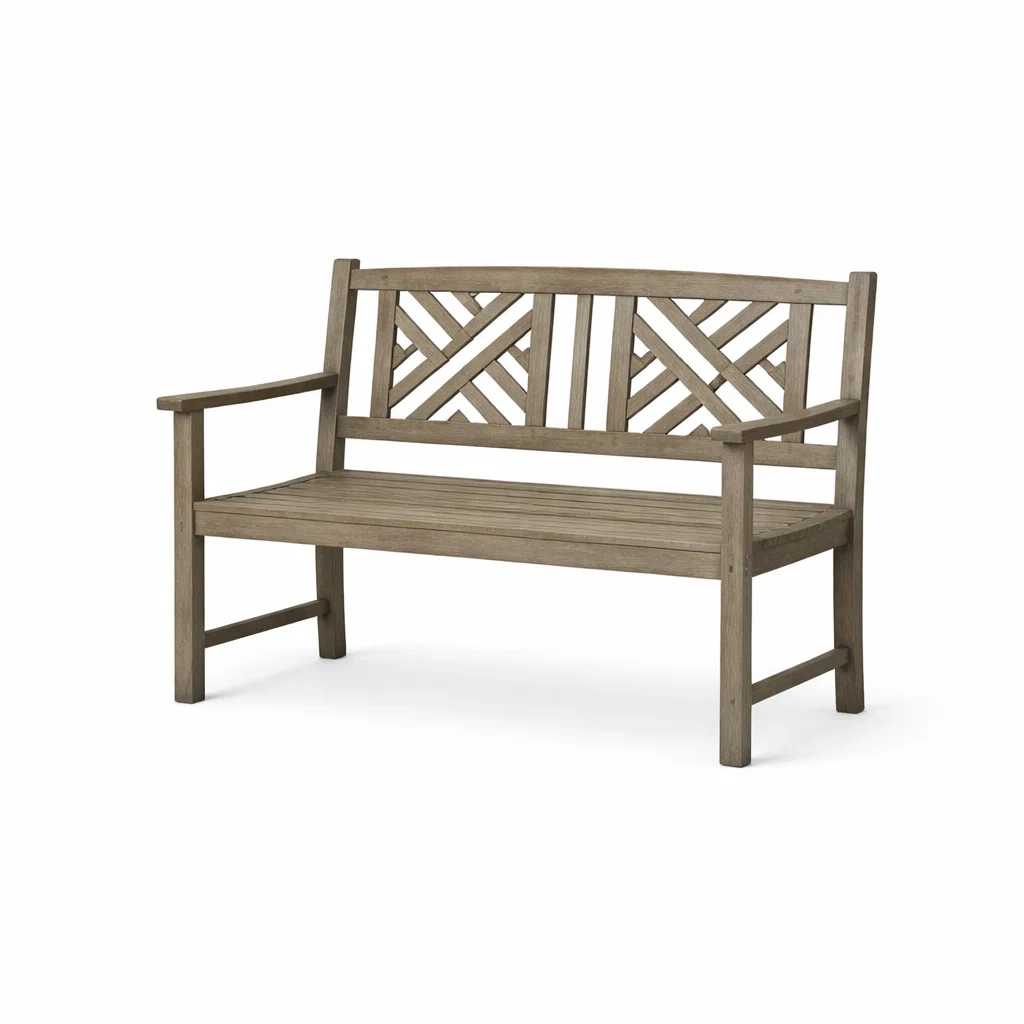 Panchina in legno di acacia marrone con schienale decorativo-LUXEOASISVIBES