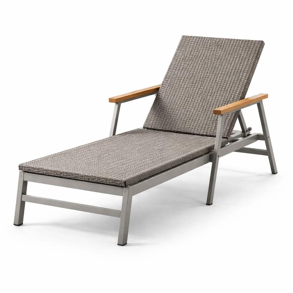 Sdraio in acciaio e rattan con braccioli in legno di teak-LUXEOASISVIBES
