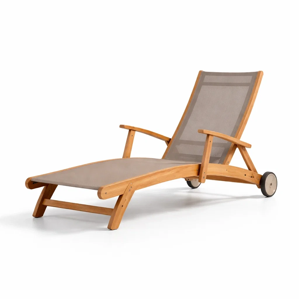 Sdraio in teak e textilene marrone-LUXEOASISVIBES