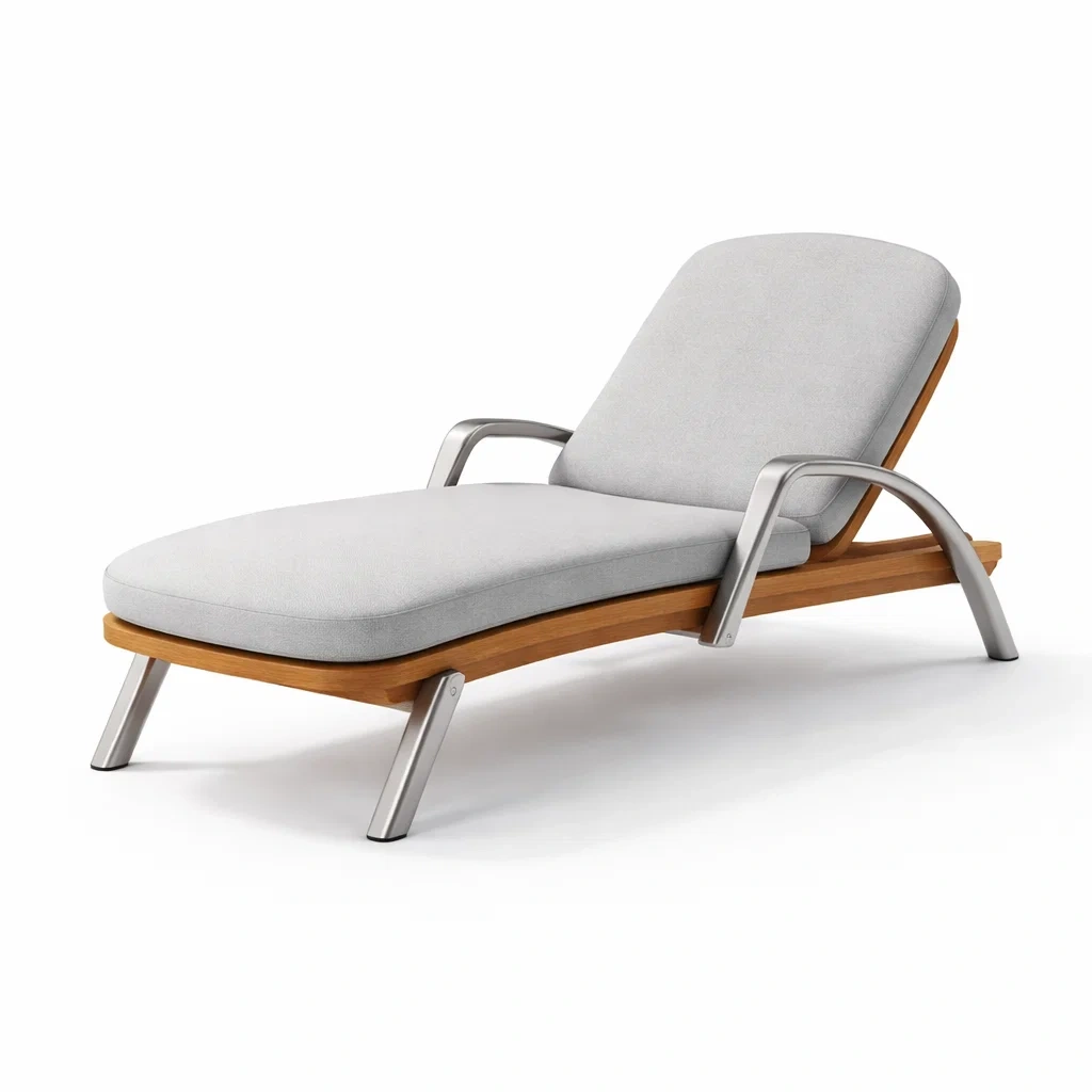 Sdraio in legno teak e acciaio con cuscini grigi-LUXEOASISVIBES