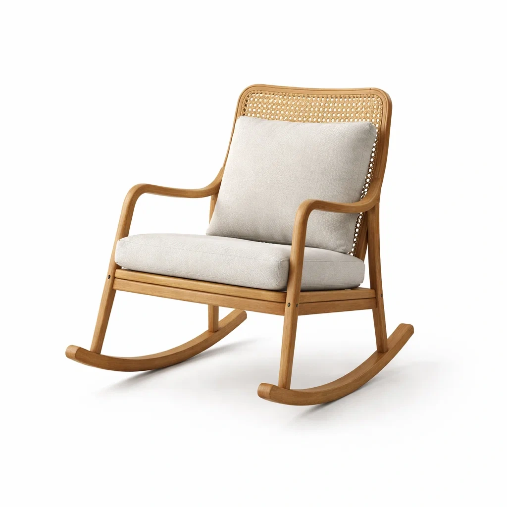 Sedia a dondolo in legno e rattan con cuscini in tessuto-LUXEOASISVIBES