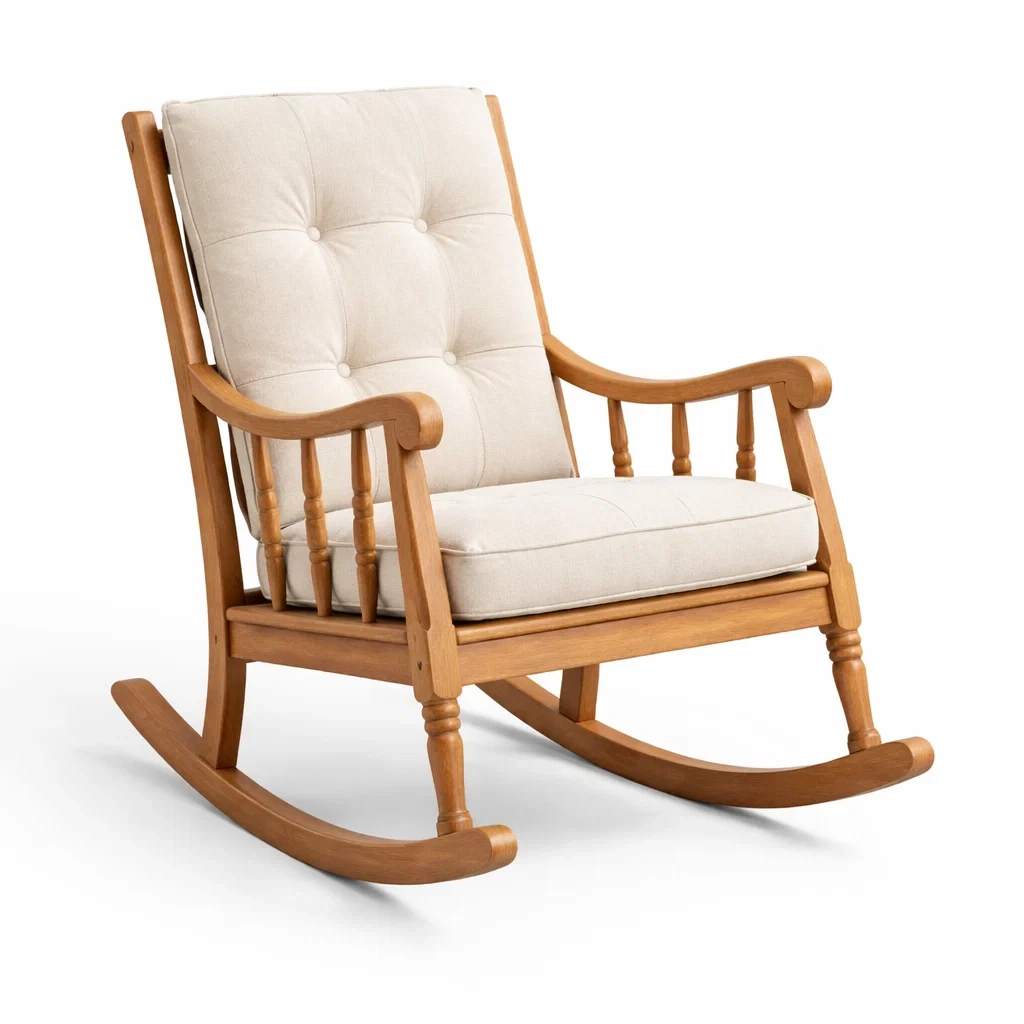 Sedia a dondolo in legno con cuscini in poliestere beige-LUXEOASISVIBES