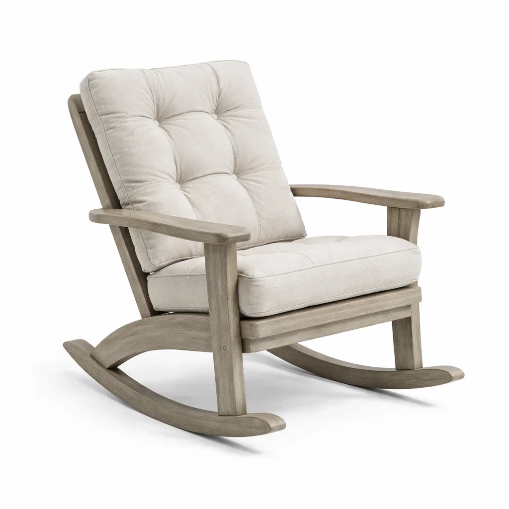Sedia a dondolo in legno con rivestimento in tessuto di cotone beige-LUXEOASISVIBES