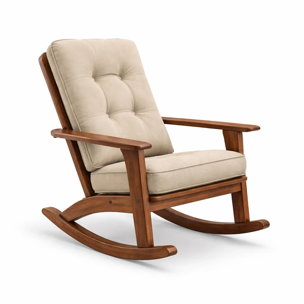 Sedia a dondolo in legno con cuscini beige-LUXEOASISVIBES
