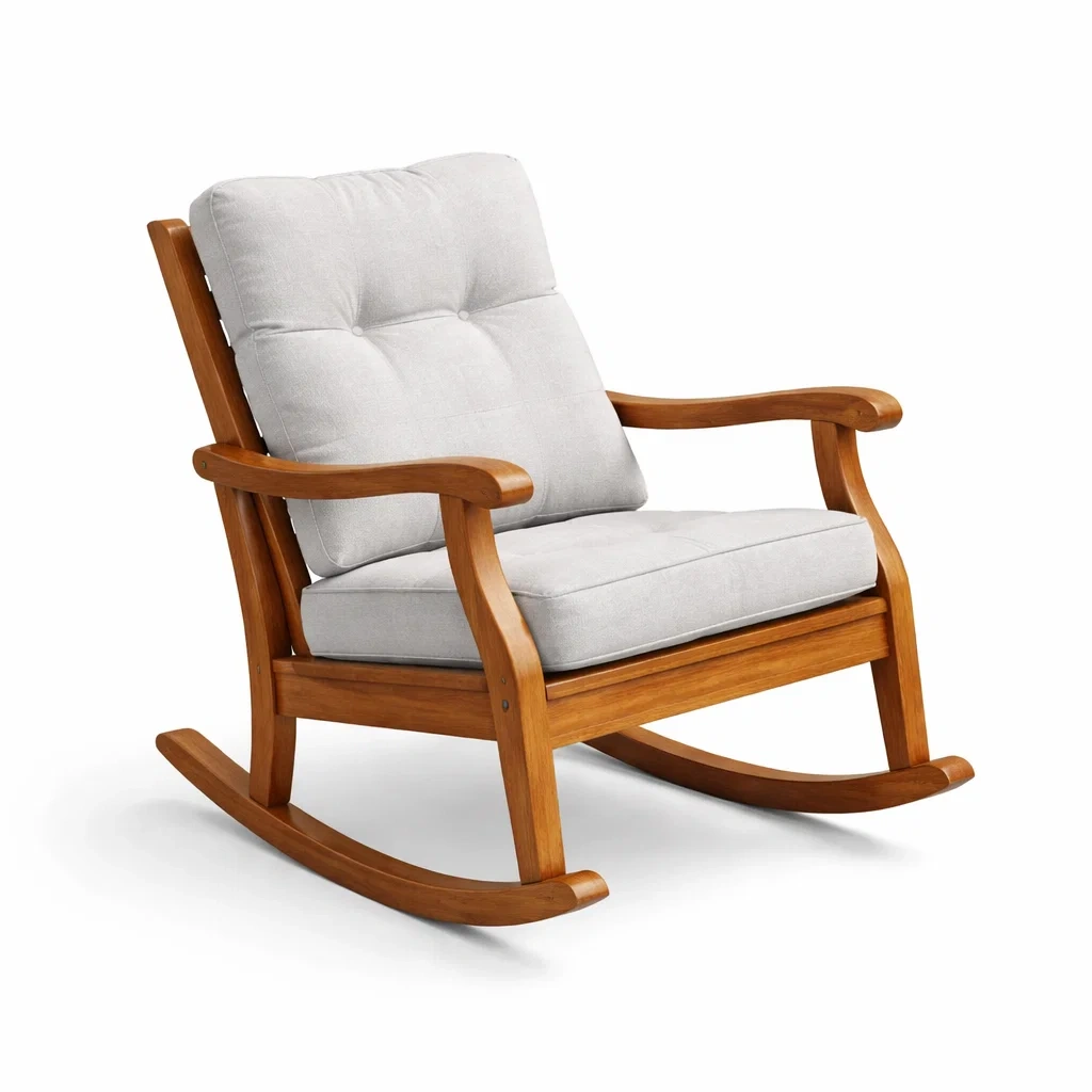 Sedia a dondolo in legno con cuscini grigi-LUXEOASISVIBES