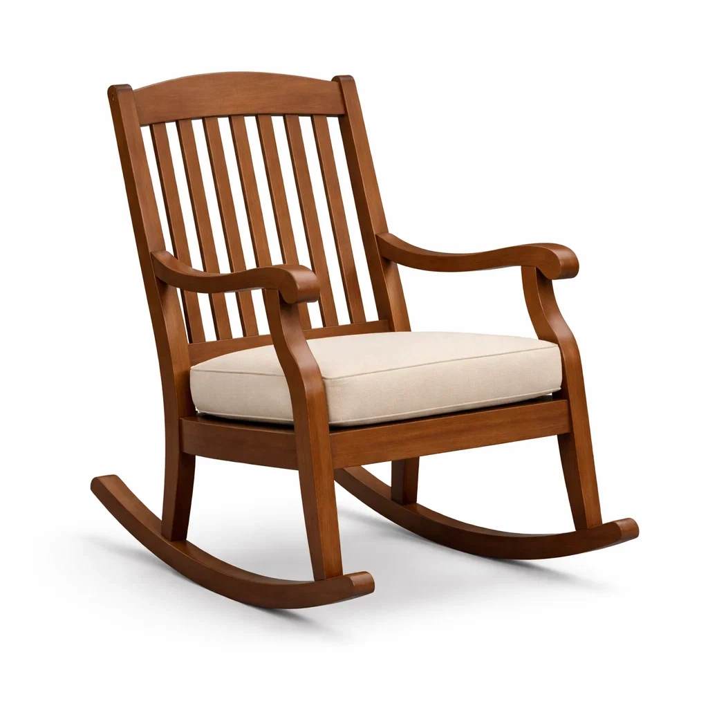 Sedia a dondolo in legno con cuscino in poliestere-LUXEOASISVIBES