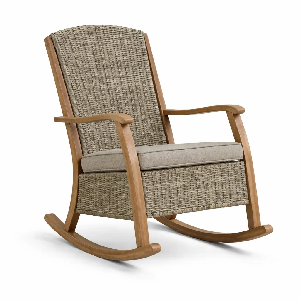 Sedia a dondolo in legno e rattan con cuscino in poliestere-LUXEOASISVIBES