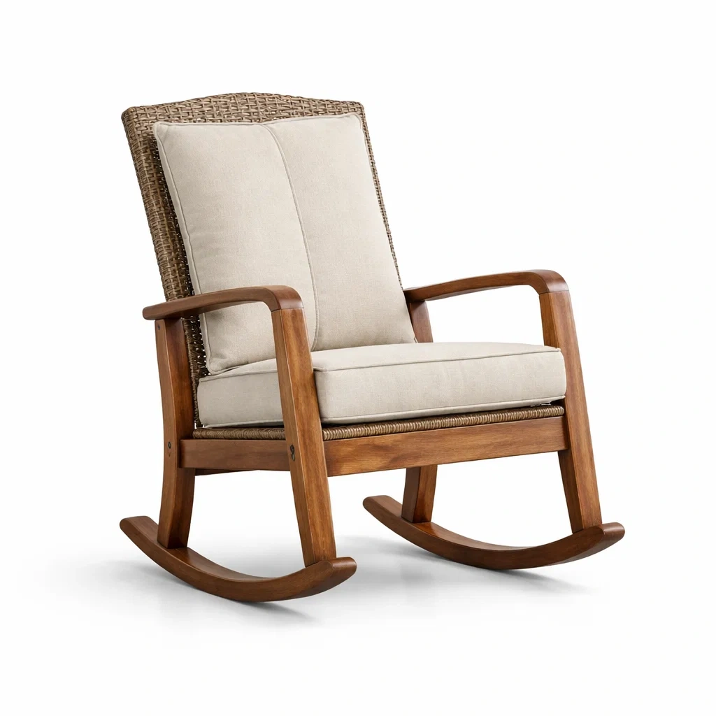 Sedia a dondolo in legno con schienale in rattan e cuscini beige-LUXEOASISVIBES