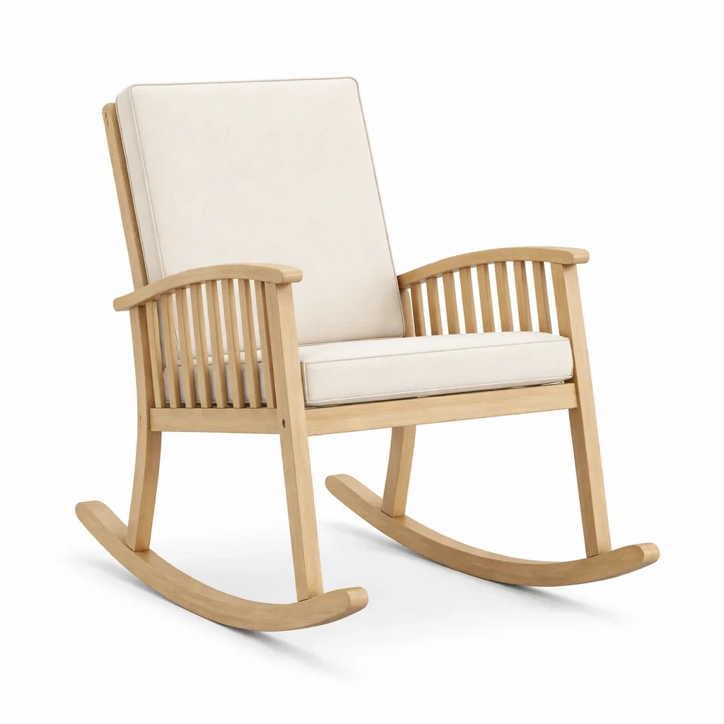 Sedia a dondolo in legno con cuscino in tessuto beige-LUXEOASISVIBES