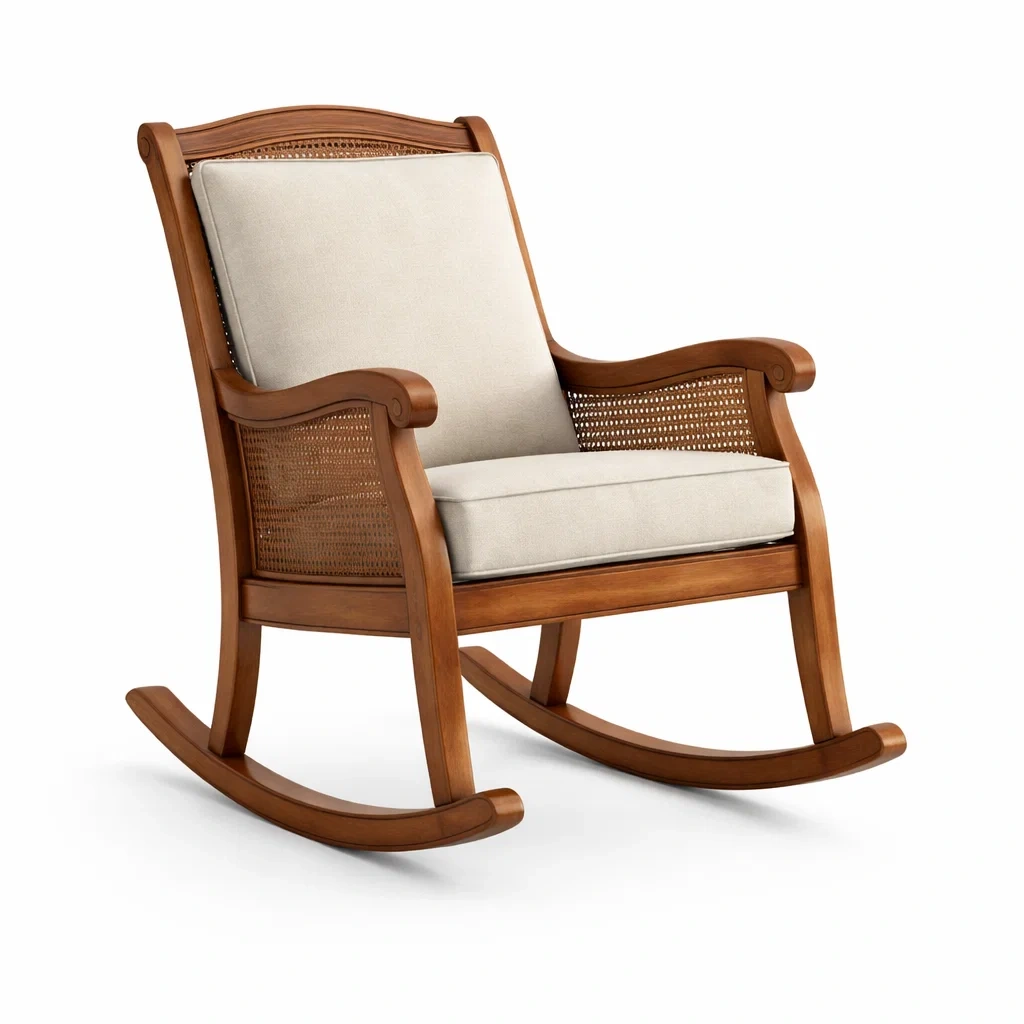 Sedia a dondolo in legno massello con cuscino in cotone beige-LUXEOASISVIBES