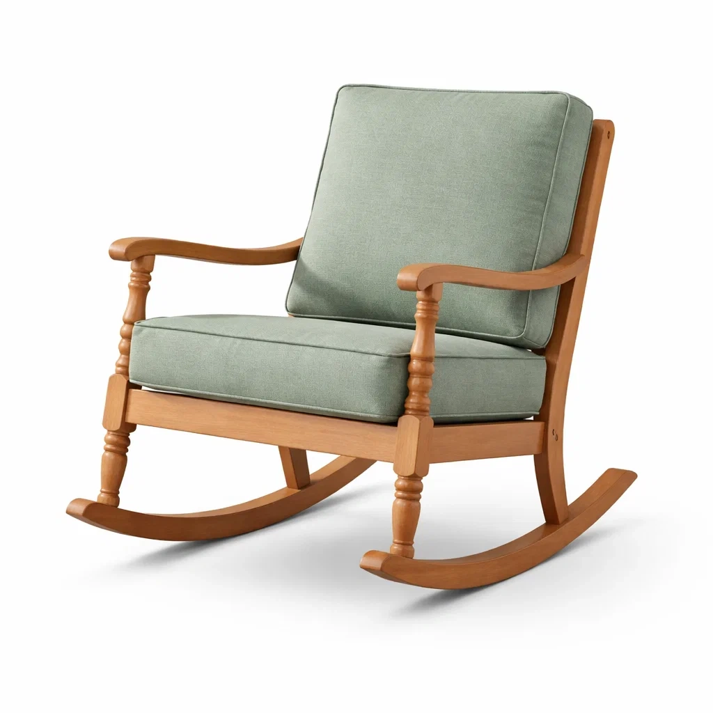 Sedia a dondolo in legno con cuscini in tessuto verde-LUXEOASISVIBES