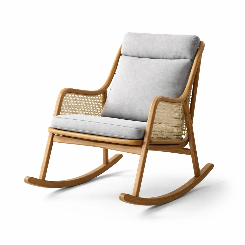 Sedia a dondolo in legno massello e rattan con cuscini grigi in poliestere-LUXEOASISVIBES
