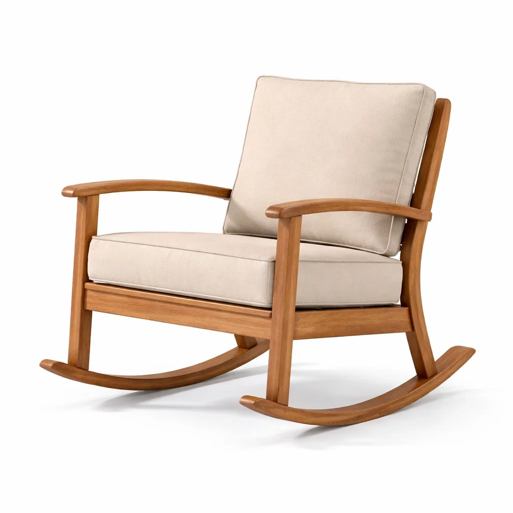 Sedia a dondolo in legno con cuscini in tessuto beige-LUXEOASISVIBES