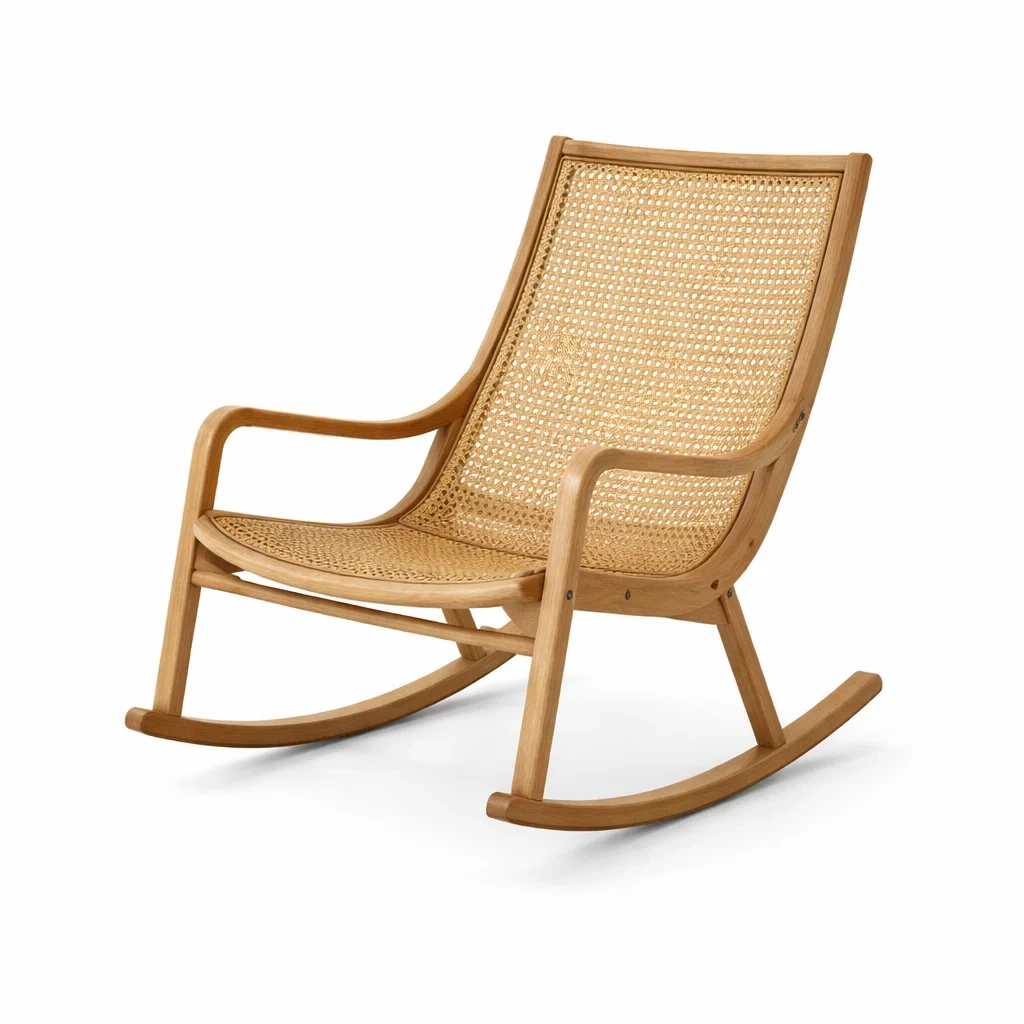 Sedia a dondolo in legno e rattan-LUXEOASISVIBES