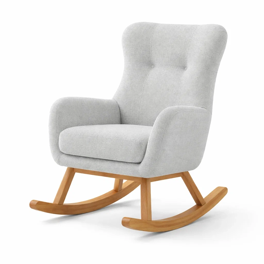 Sedia a dondolo in tessuto e legno grigio-LUXEOASISVIBES