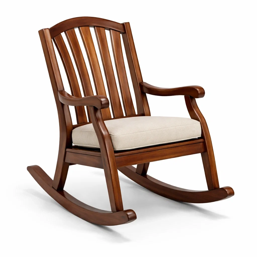 Sedia a dondolo in legno massello con cuscino in poliestere-LUXEOASISVIBES