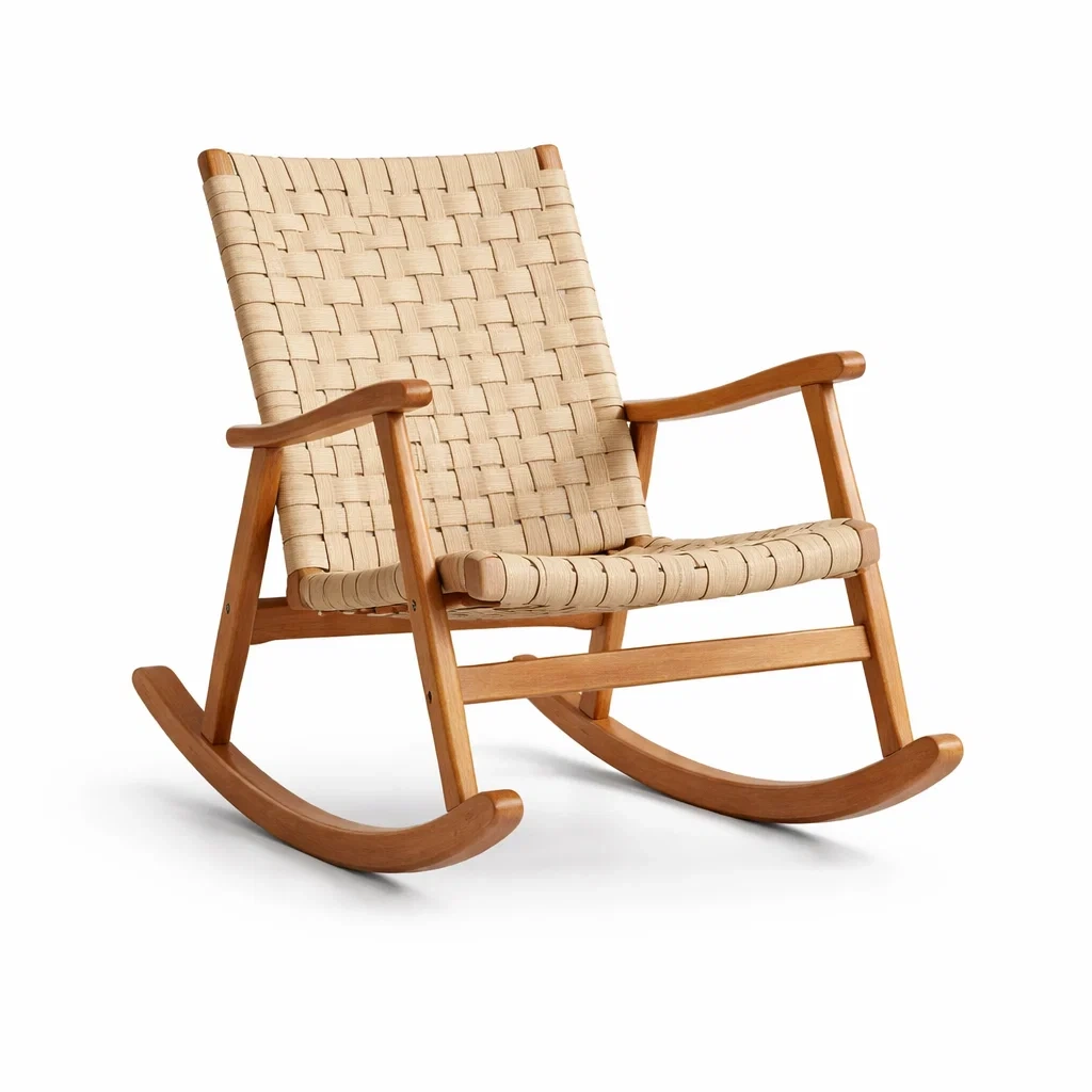 Sedia a dondolo in legno e tessuto beige-LUXEOASISVIBES