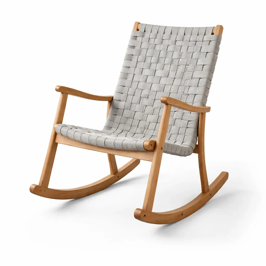 Sedia a dondolo in legno e tessuto grigio-LUXEOASISVIBES