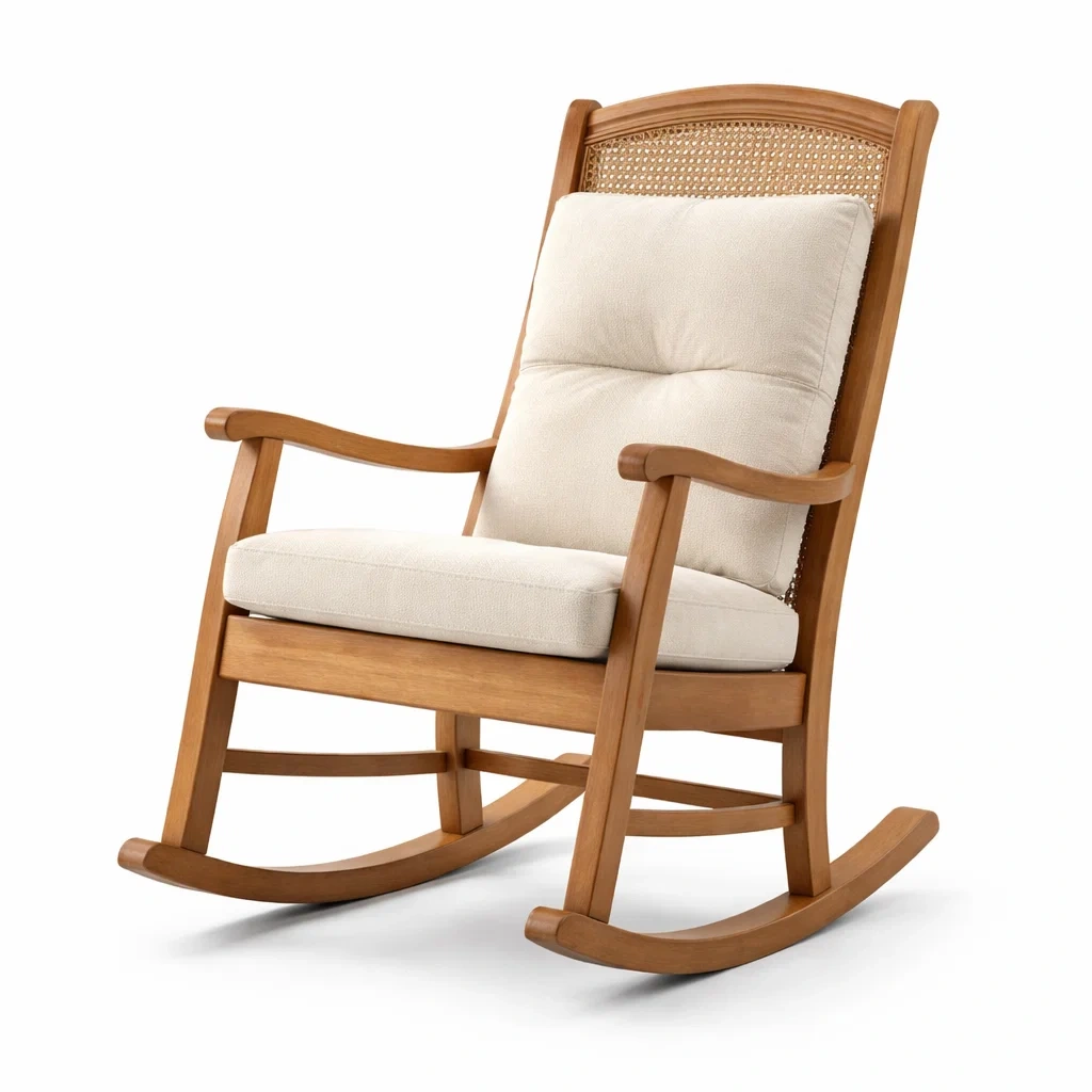 Sedia a dondolo in legno massello e rattan con cuscino beige-LUXEOASISVIBES