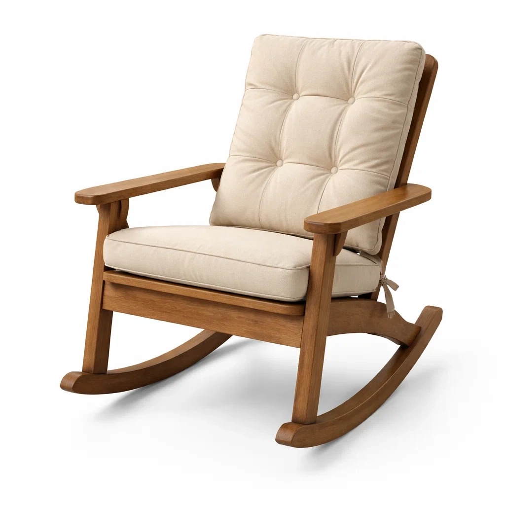 Sedia a dondolo in legno con cuscini in tessuto di cotone beige-LUXEOASISVIBES