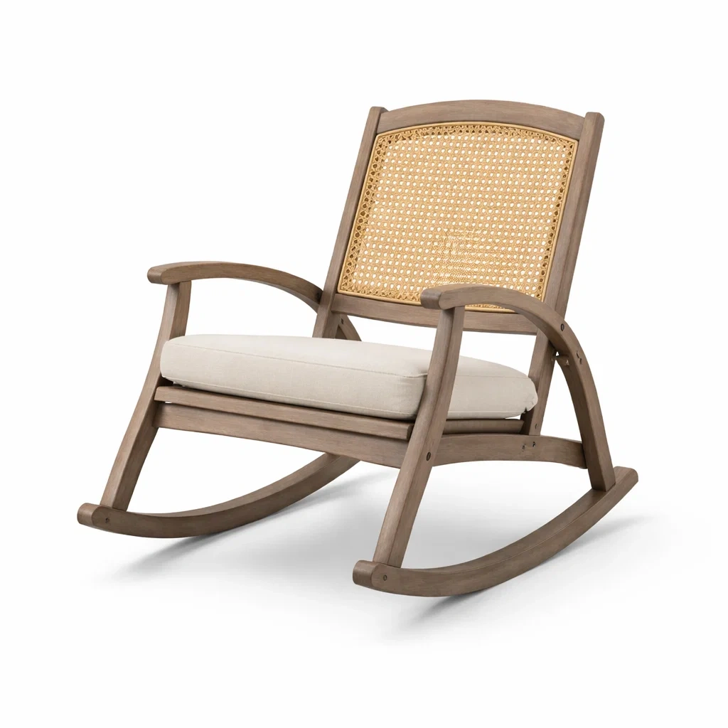 Sedia a dondolo in legno con rattan e cuscino in tessuto-LUXEOASISVIBES