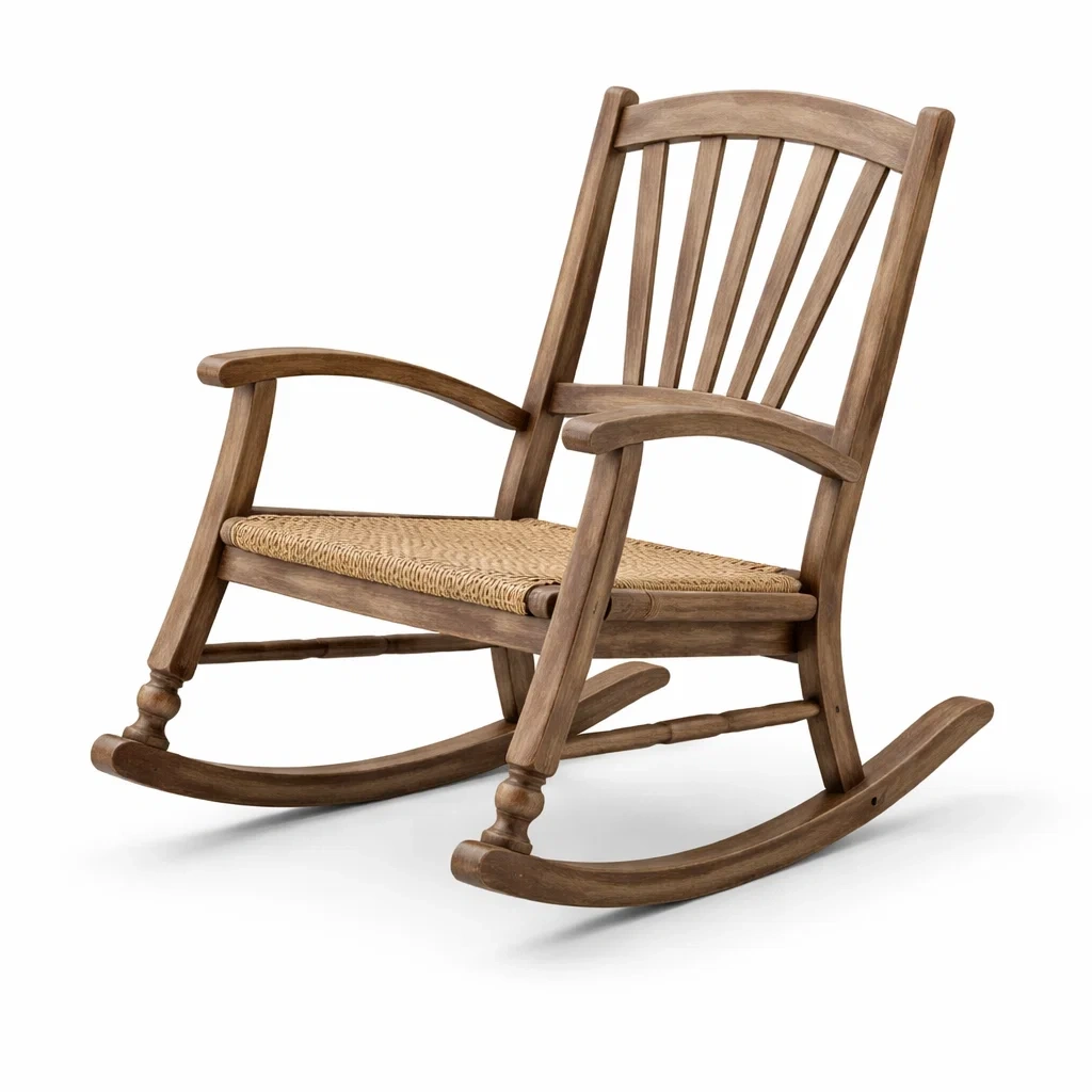 Sedia a dondolo in legno con seduta in vimini-LUXEOASISVIBES