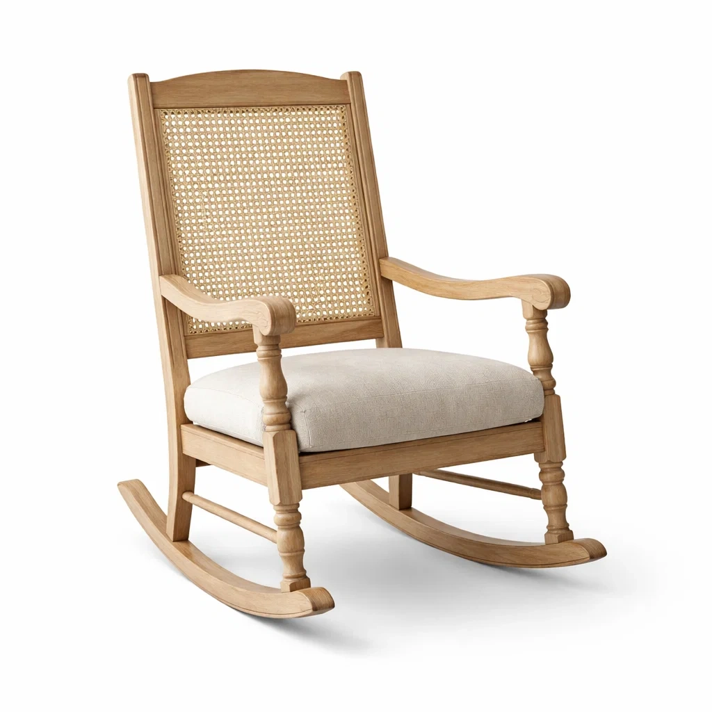 Sedia a dondolo in legno con schienale in rattan e seduta in lino-LUXEOASISVIBES