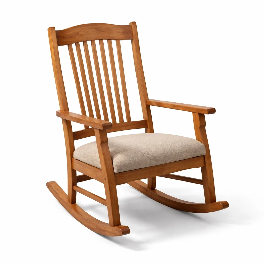 Sedia a dondolo in legno con cuscino beige-LUXEOASISVIBES