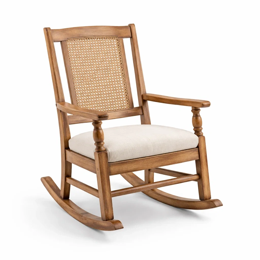 Sedia a dondolo in legno con schienale in rattan-LUXEOASISVIBES