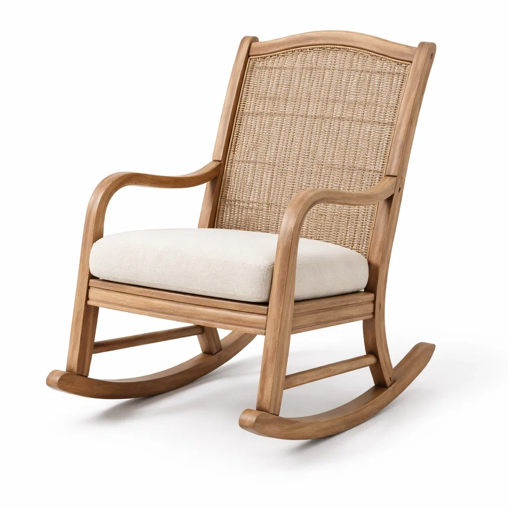 Sedia a dondolo in legno di teak e rattan con cuscino in tessuto-LUXEOASISVIBES