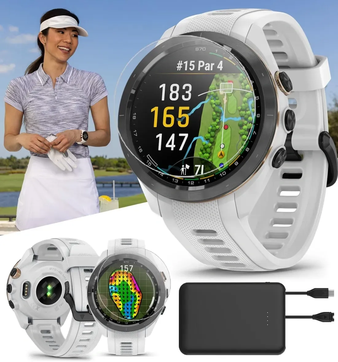 ⊙Spring Sale⛳S70 (White, 42mm) Golf GPS Watch Bundle