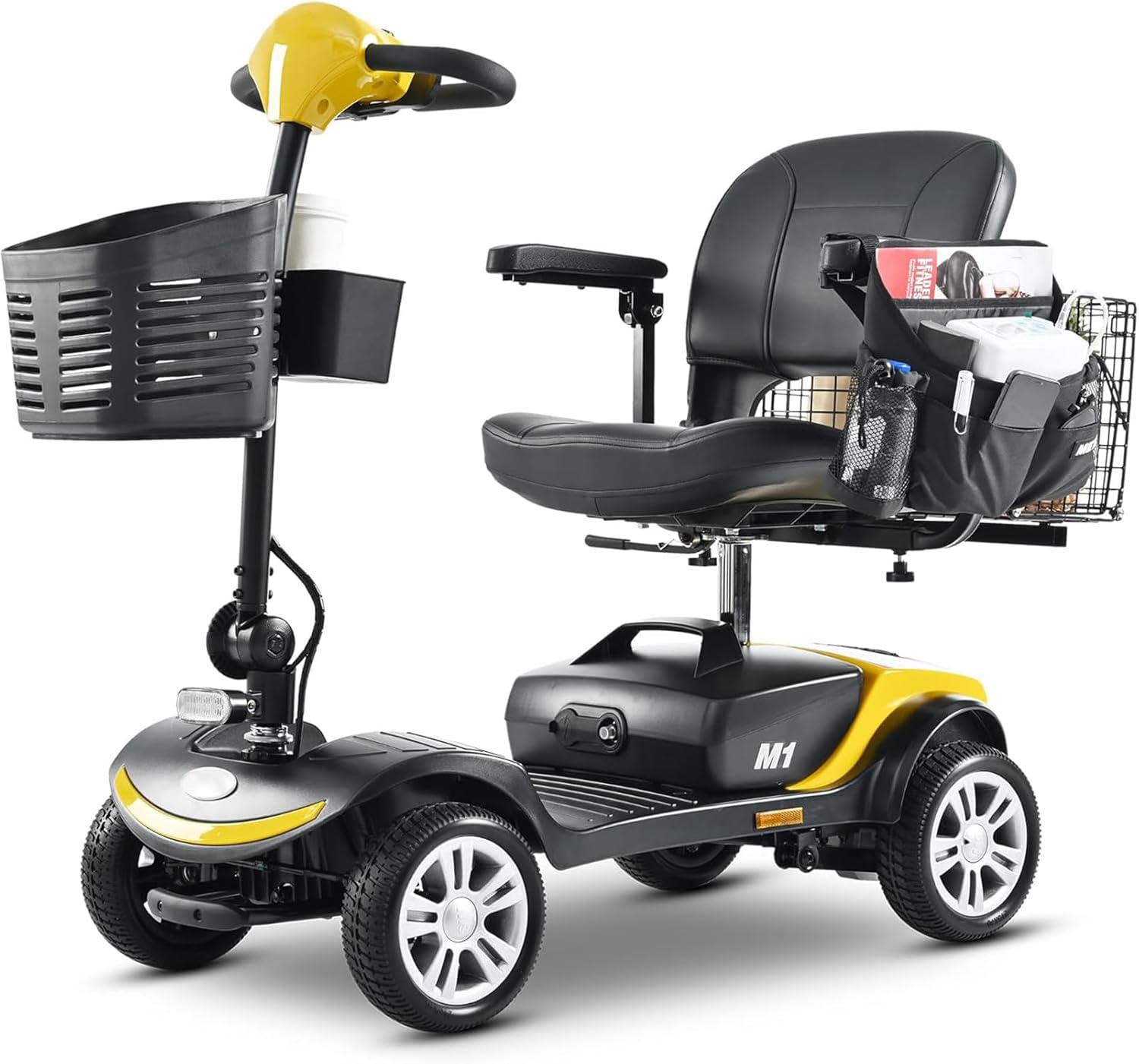 Mobility Scooters for Adults Seniors 400 lbs Weight Capacity,Foldable Heavy Duty 4 Wheel Mobile Motorized Scooter,All Terrain Folding Electric Wheelchair,Dual Baskets,with Basket, Cup Holder (Yellow)