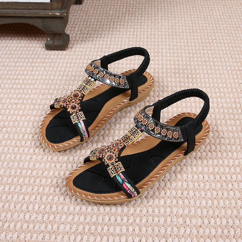 🔥Last Day 60% OFF🔥Bohemian Rhinestone Flat Sandals - Women's Elastic Strap Summer Shoes