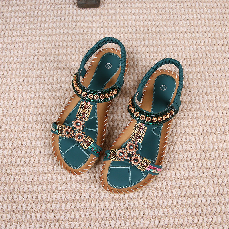 🔥Last Day 60% OFF🔥Bohemian Rhinestone Flat Sandals - Women's Elastic Strap Summer Shoes