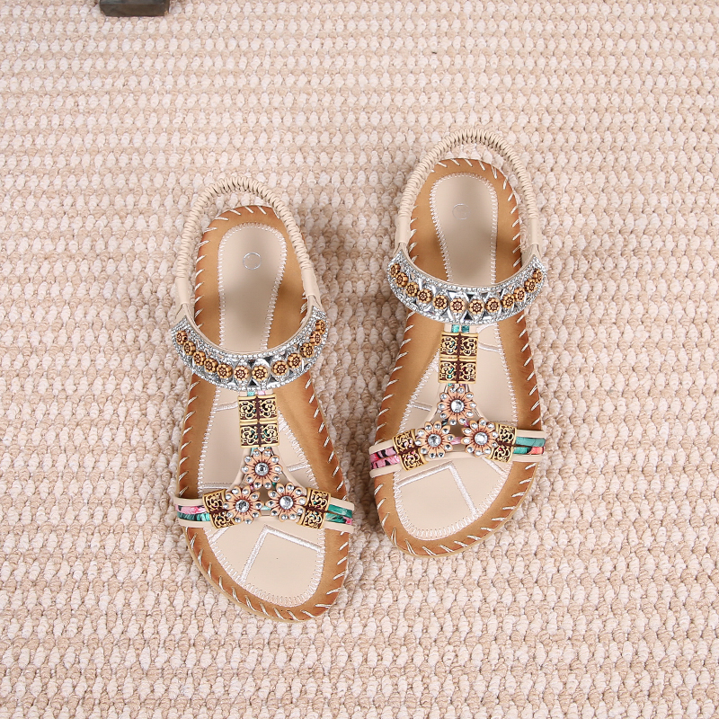 🔥Last Day 60% OFF🔥Bohemian Rhinestone Flat Sandals - Women's Elastic Strap Summer Shoes