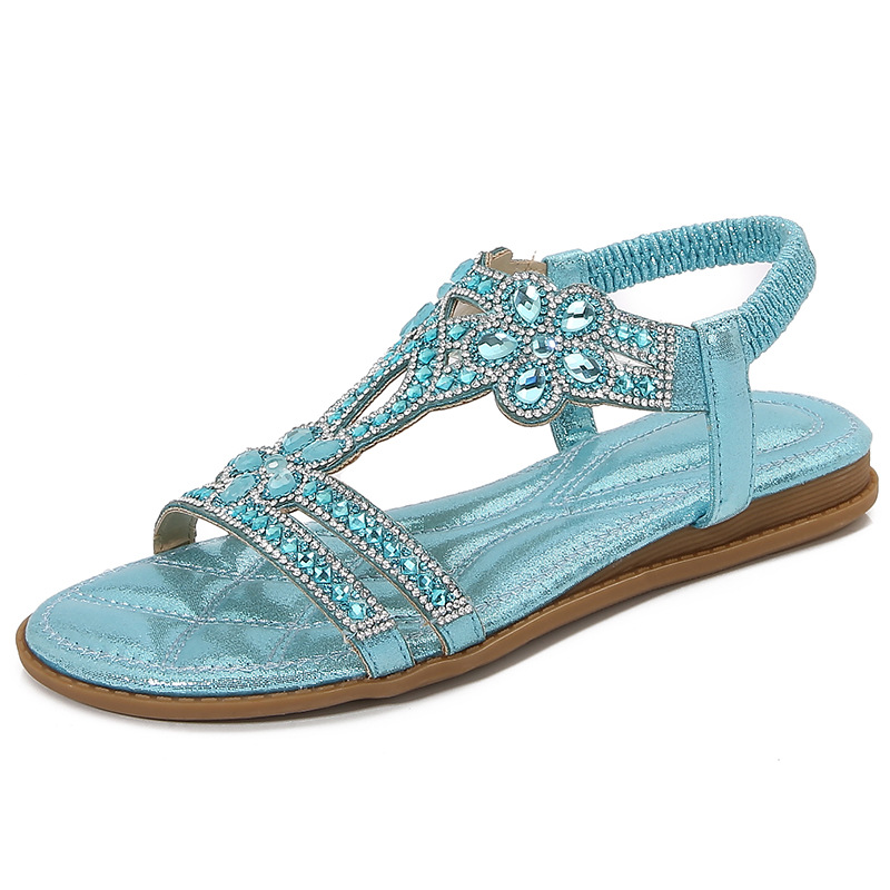  🔥Last Day 70% OFF🔥Women's 2026 Bohemian Rhinestone Flower Flat Sandals, Comfortable Elastic Ankle Strap Casual Summer Shoes