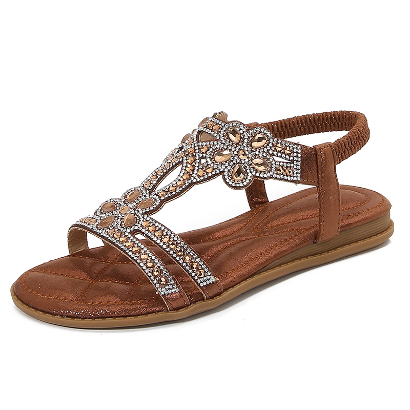  🔥Last Day 70% OFF🔥Women's 2026 Bohemian Rhinestone Flower Flat Sandals, Comfortable Elastic Ankle Strap Casual Summer Shoes