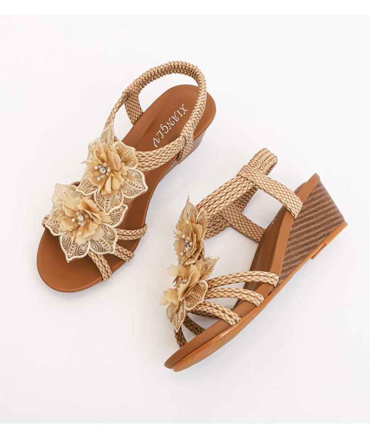 Wedge Roman Shoes Women'S 2026 Summer Bohemian Retro Flower Vacation Sandals Women'S Large Size Women'S Shoes 1418-738