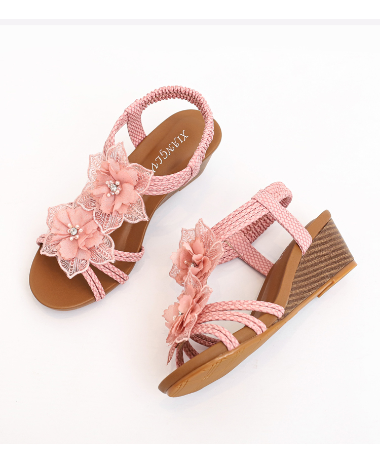 Wedge Roman Shoes Women'S 2026 Summer Bohemian Retro Flower Vacation Sandals Women'S Large Size Women'S Shoes 1418-738