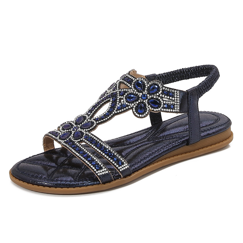  🔥Last Day 70% OFF🔥Women's 2026 Bohemian Rhinestone Flower Flat Sandals, Comfortable Elastic Ankle Strap Casual Summer Shoes