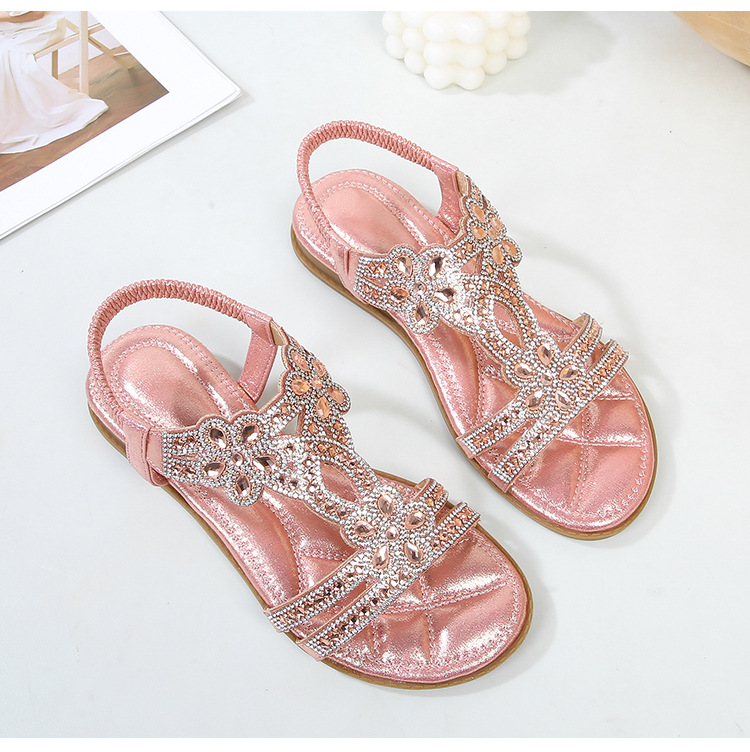  🔥Last Day 70% OFF🔥Women's 2026 Bohemian Rhinestone Flower Flat Sandals, Comfortable Elastic Ankle Strap Casual Summer Shoes