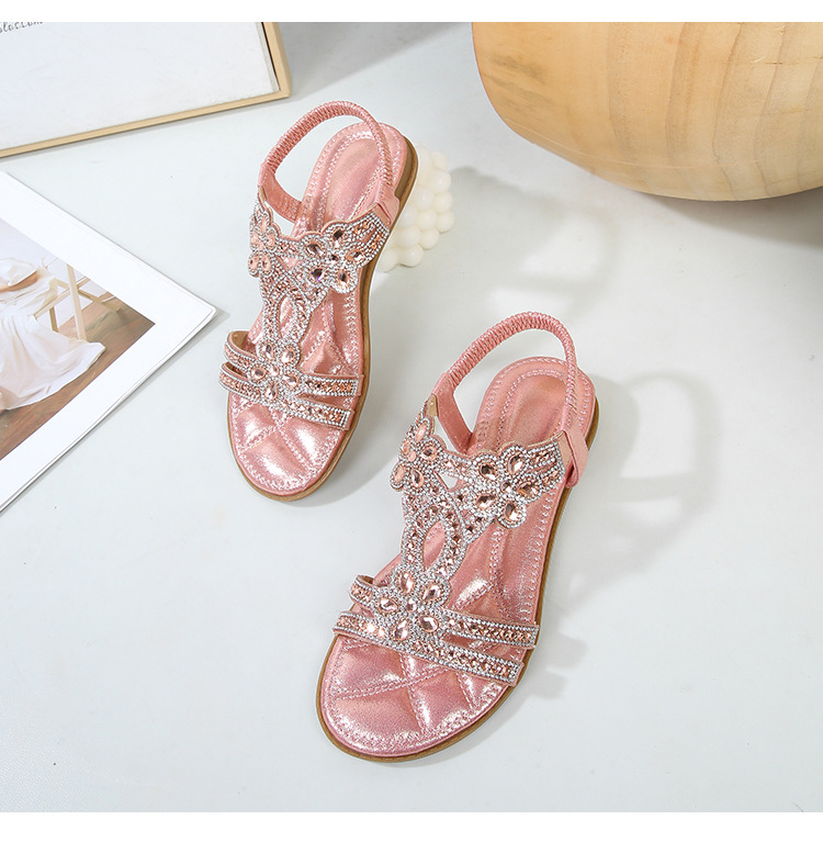  🔥Last Day 70% OFF🔥Women's 2026 Bohemian Rhinestone Flower Flat Sandals, Comfortable Elastic Ankle Strap Casual Summer Shoes