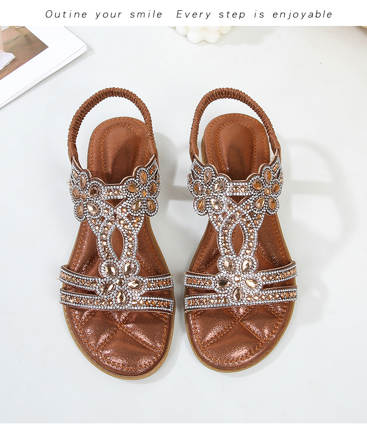  🔥Last Day 70% OFF🔥Women's 2026 Bohemian Rhinestone Flower Flat Sandals, Comfortable Elastic Ankle Strap Casual Summer Shoes