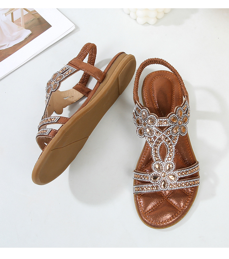  🔥Last Day 70% OFF🔥Women's 2026 Bohemian Rhinestone Flower Flat Sandals, Comfortable Elastic Ankle Strap Casual Summer Shoes