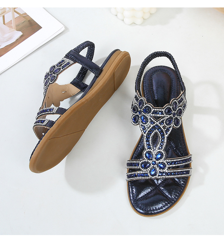  🔥Last Day 70% OFF🔥Women's 2026 Bohemian Rhinestone Flower Flat Sandals, Comfortable Elastic Ankle Strap Casual Summer Shoes