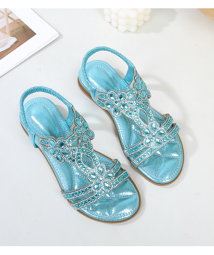  🔥Last Day 70% OFF🔥Women's 2026 Bohemian Rhinestone Flower Flat Sandals, Comfortable Elastic Ankle Strap Casual Summer Shoes