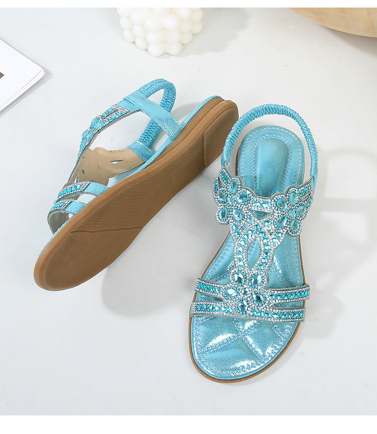  🔥Last Day 70% OFF🔥Women's 2026 Bohemian Rhinestone Flower Flat Sandals, Comfortable Elastic Ankle Strap Casual Summer Shoes