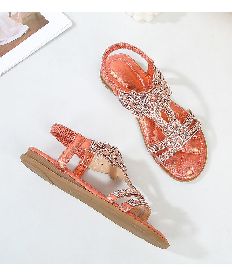  🔥Last Day 70% OFF🔥Women's 2026 Bohemian Rhinestone Flower Flat Sandals, Comfortable Elastic Ankle Strap Casual Summer Shoes